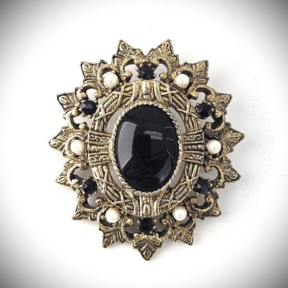 Vintage Black Cabochon White Faux Pearl Gold Plated 2" Brooch Pin
